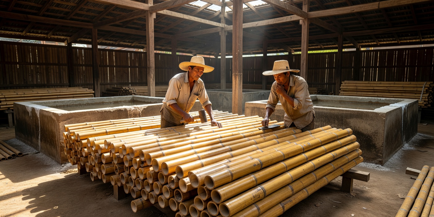 Craftsmen inspecting stacked golden bamboo culms drying under a high ventilated roof after boron salt immersion