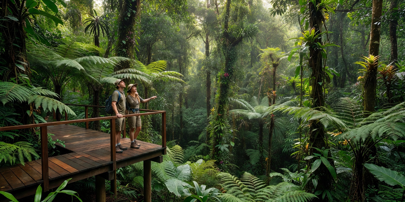 Two guests standing on an elevated hardwood viewing deck surrounded by dense tropical rainforest foliage in Sri Lanka