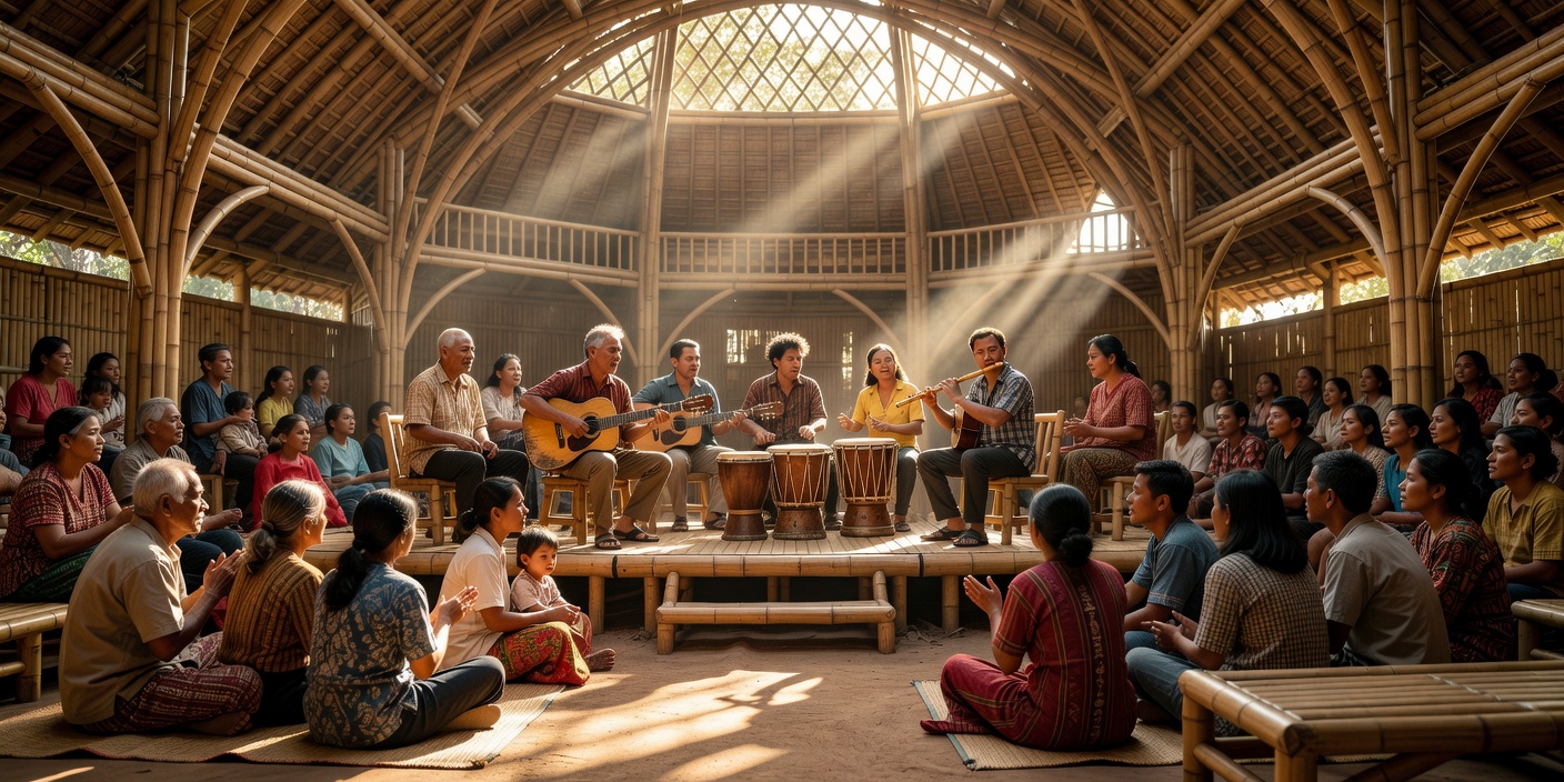 Musicians and local families gathered inside a soaring vaulted bamboo amphitheater during late afternoon light