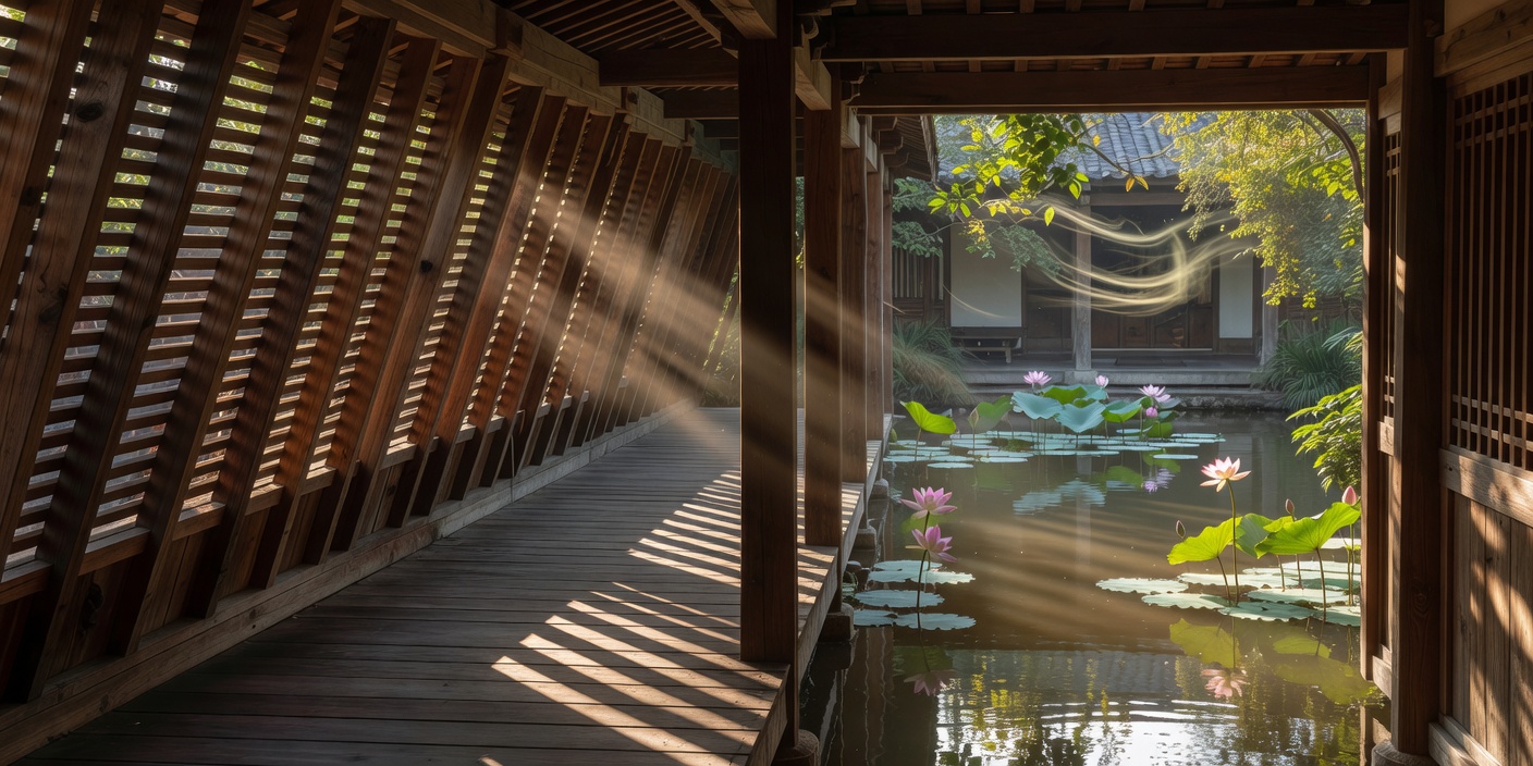 Sunlight filtering through angled hardwood louvers along a breezy open-air corridor beside a courtyard lotus pond
